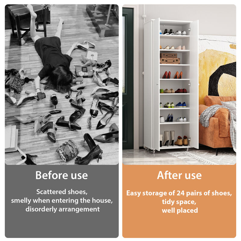 Tall Shoe Rack with Doors & Wheels, Entryway Shoe Cabinet with 8-Tier Shelf, Wood Shoe Storage Organizer for Entryway, White (23.6" W x 15.7" D x 70.9" H)