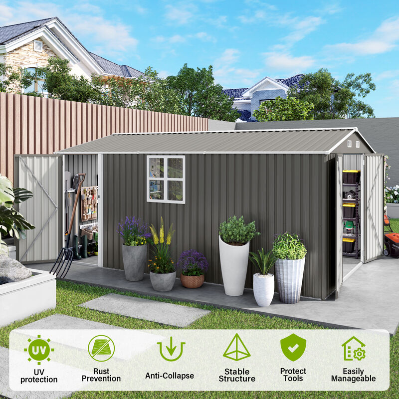 10x14 FT Outdoor Metal Storage Shed with Three Lockable Doors and Clear Window image number 6