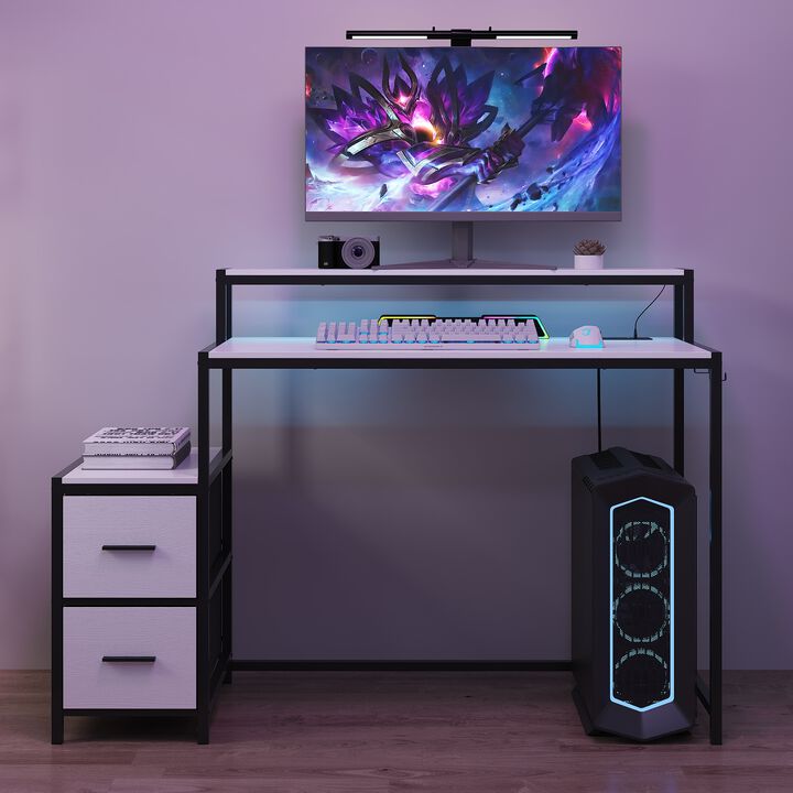 FUFU&GAGA Modern Gaming Desk with LED Lights, 2 Drawers, Power Outlet & Remote, Metal Frame (50.4 in. W x 18.9 in. D x 35.4 in. H), Black