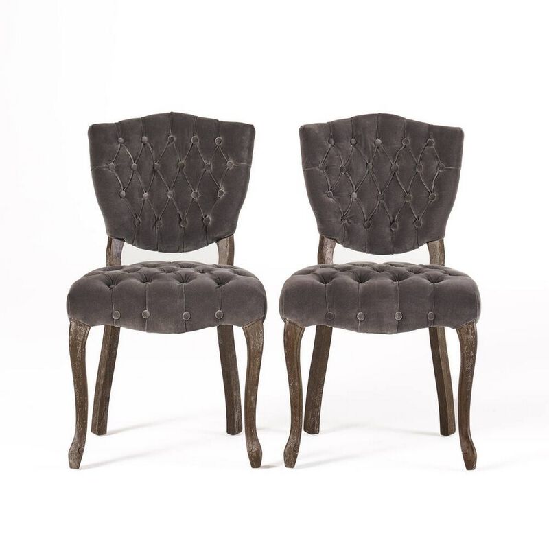 Jette Dining Chair Set of 2, Charcoal Gray Tufted Velvet, Brown Wood - Benzara