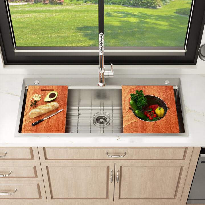 45 in. Drop-in Single Bowl 16-Gauge T304 Stainless Steel Brushed Kitchen Sink with Workflow Ledge, Accessories Kit and 4-in-1 Colander