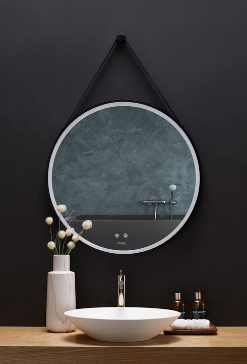 SANGLE Round LED Black Framed Mirror with Defogger and Vegan Leather Strap