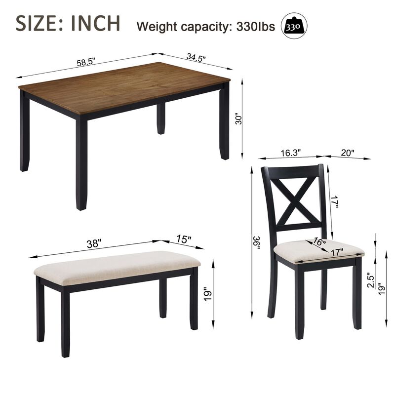 6 Piece Dining Table Set with Bench, rectangular wood dining table set for 6, farmhouse dining table set, timeless dining furniture image number 2