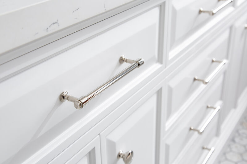 Palace 72 In. Double Sink Carrara Quartz Countertop Bath Vanity in Pure White with Polished Nickel (PVD) Hardware