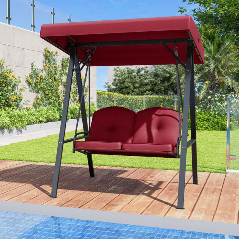 Hivvago 2-Person Outdoor Porch Swing with A-Shaped Metal Stand and Adjustable Canopy