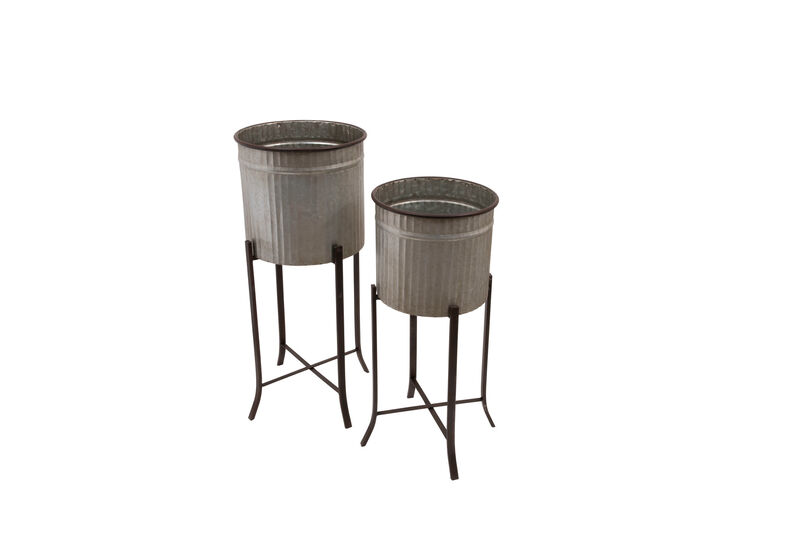 2‑Piece Round Corrugated Metal Planters on Stands, Silver and Black image number 0