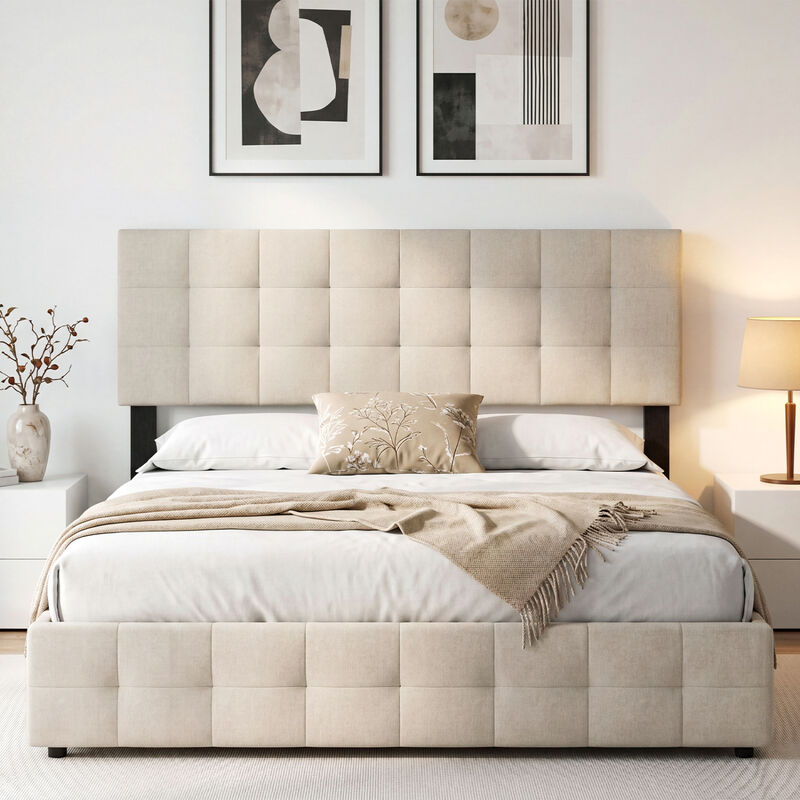 Queen and Full Size Quilted Grid Headboard with Upholstered Linen Fabric image number 6