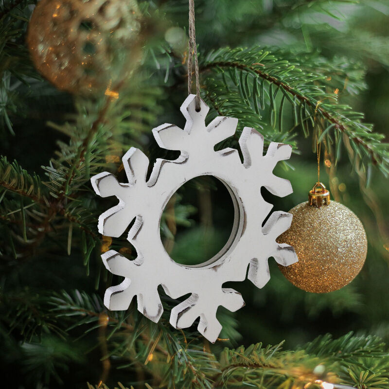 7.25" Rustic White Embossed Snowflake with Mirror Medallion Christmas Ornament image number 2