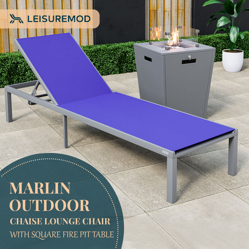 LeisureMod Marlin Modern Black Aluminum Outdoor Patio Chaise Lounge Chair in Grey Frame with Square Fire Pit Side Table