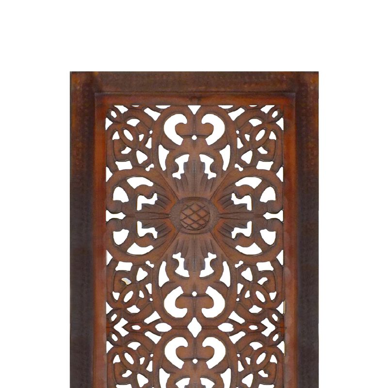 2 Piece Mango Wood Wall Panel Set with Mendallion Carving, Burnt Brown-Benzara