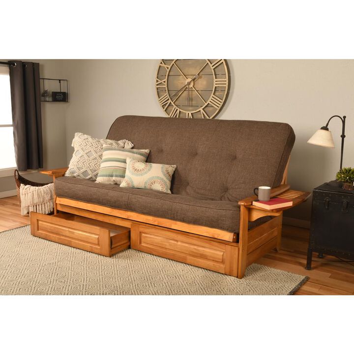 Phoenix Frame Queen-Butternut Finish-Linen Cocoa Mattress-Storage Drawers