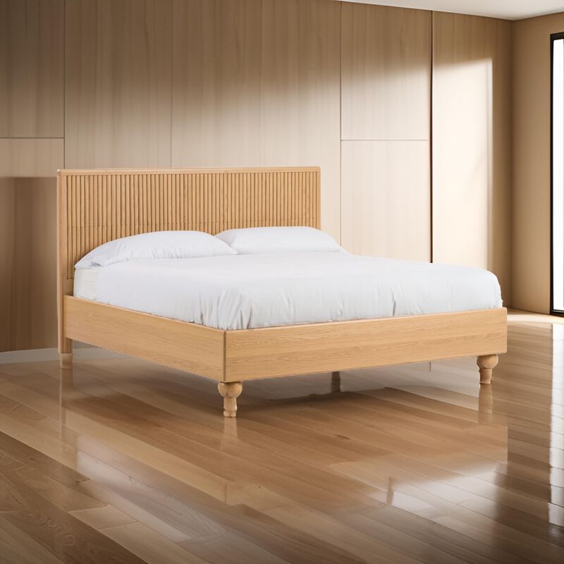 Cid Joya Queen Bed, Panel Headboard, Rounded Natural Brown Solid Oak Wood image number 5