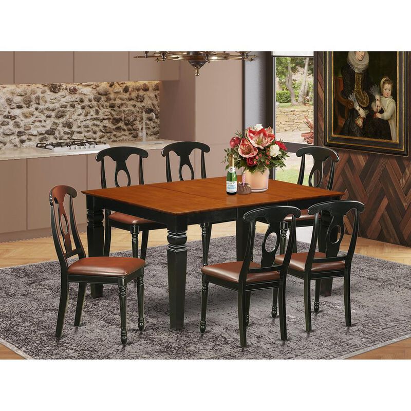 7 Pc Kitchen table set with a Dining Table and 6 Leather Kitchen Chairs in Black