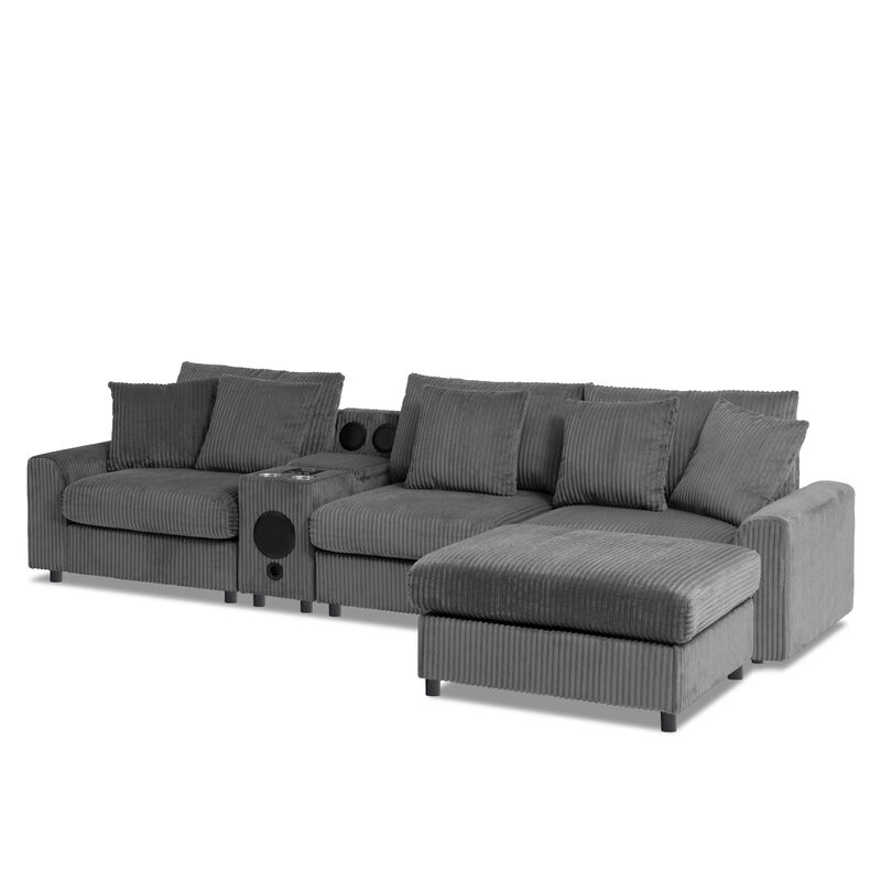 Whisen Corduroy Sectional Sofa with Bluetooth Speakers,Built-in Charging Console,Storage Ottoman,and Wide Seat Cloud Couch image number 2