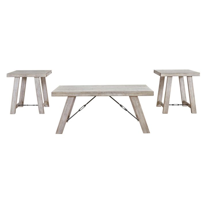 Wooden Table Set with Canted Legs and Tension Bars, Washed White-Benzara