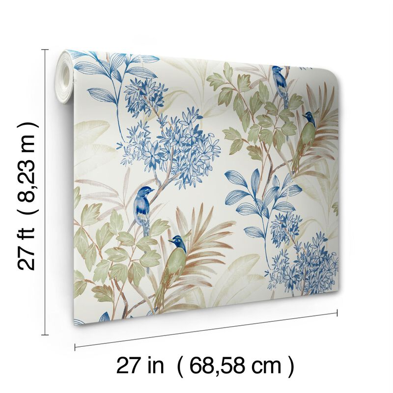 Handpainted Songbird Green & Blue Wallpaper (Double Roll) image number 5