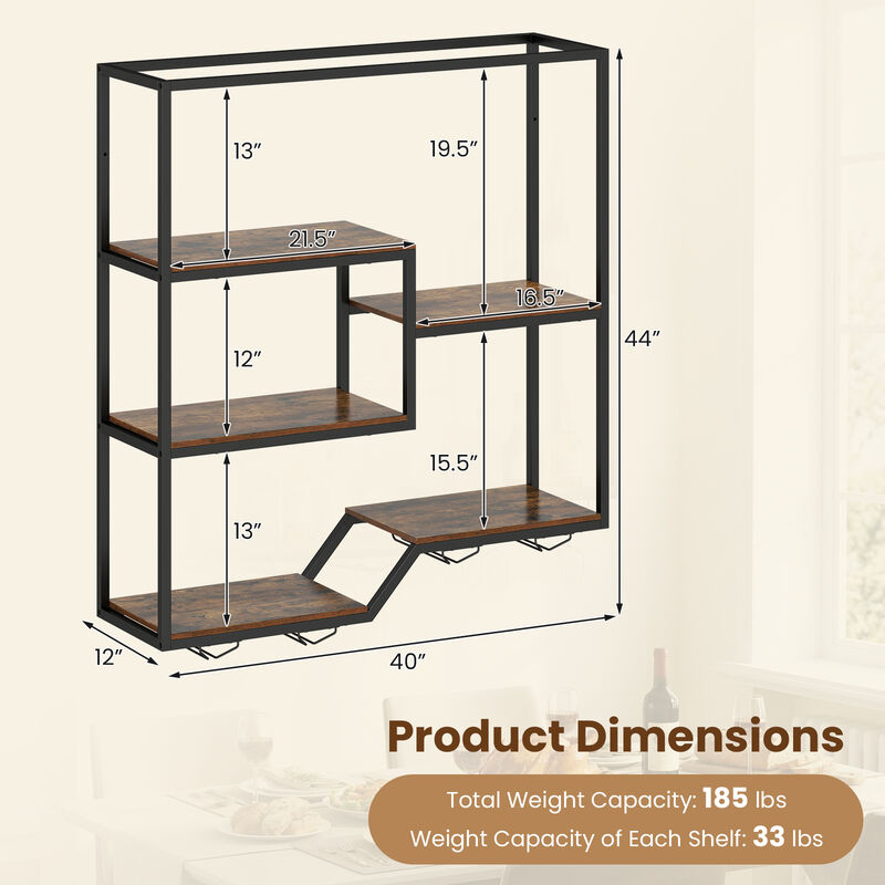 Rustic Brown 5-Tier Hanging Wine Rack with Bottle Shelf and Glass Holder image number 2