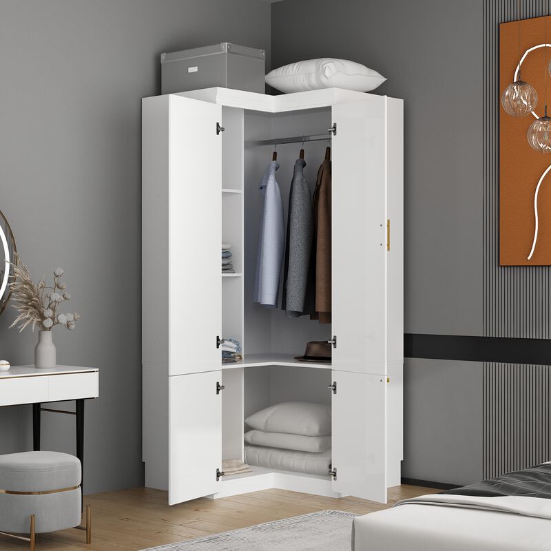 FUFU&GAGA  Tall Corner Wardrobe with Adjustable Shelves and Hanging Rod, (35.4" W x 35.4" D x74.2" H),White