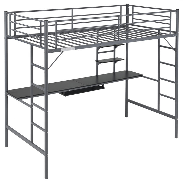 Metal Loft Bed with Desk, Storage Shelves, Dual Ladders & Full-Length Guardrails, No Box Spring Needed