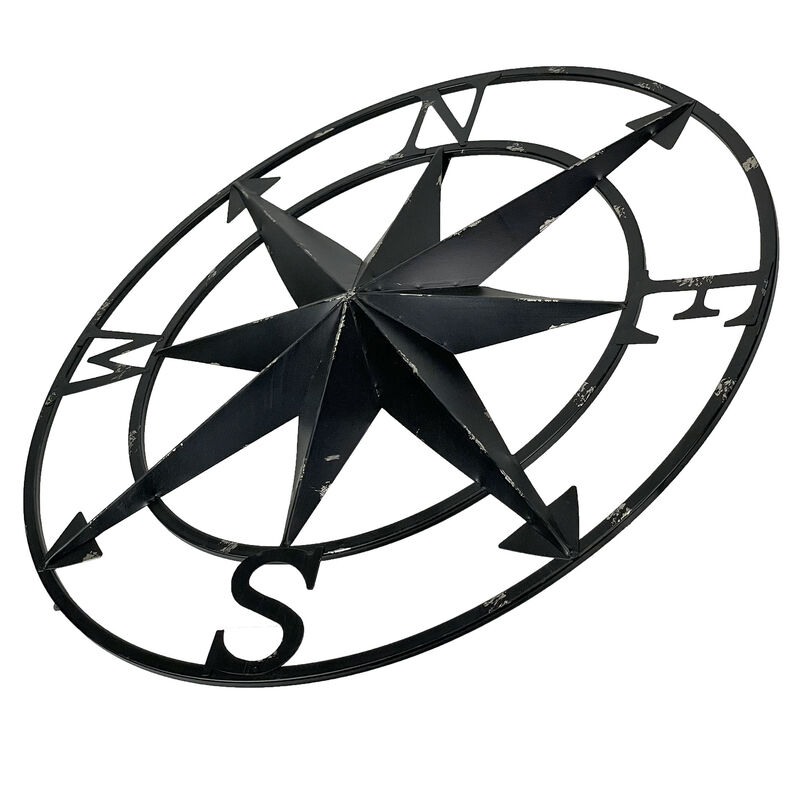 20 Inch Distressed Metal Compass Rose Nautical Wall Decor Indoor Outdoor, Black image number 4