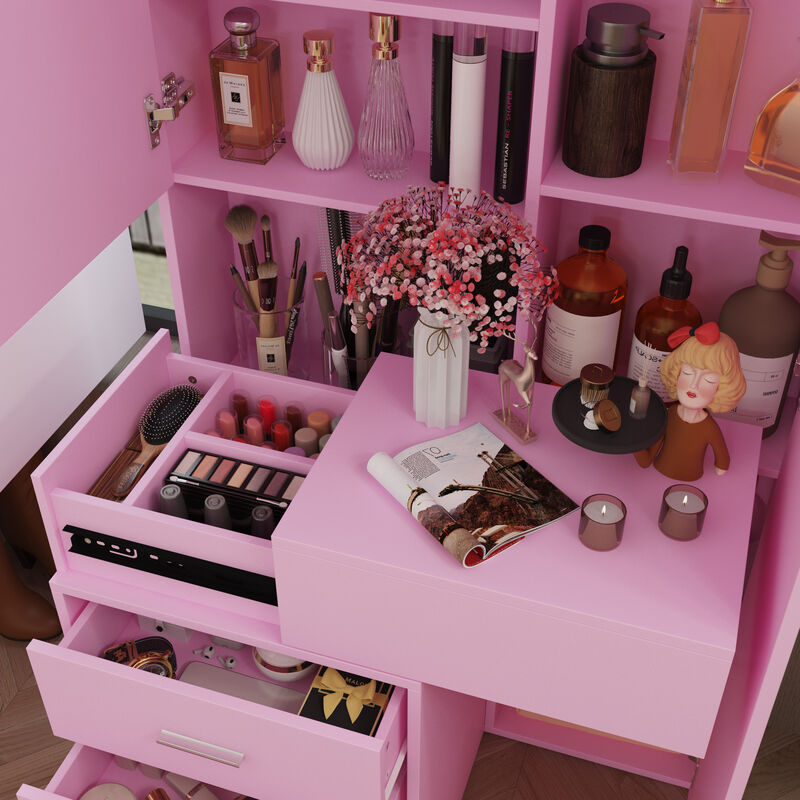 FUFU&GAGA Modern Vanity Table with Lighted Mirror and Storage, 3 Drawers & Sliding Cabinet, (31.5 in. W x 13 in. D x 63 in. H), Pink