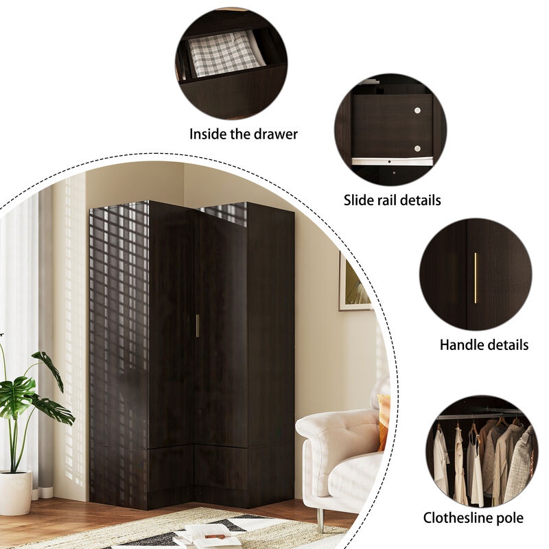 FUFU&GAGA Corner Wardrobe Closet with Adjustable Shelves and Drawers,(35.4" W x 35.4" D x 70.9" H), Dark Brown