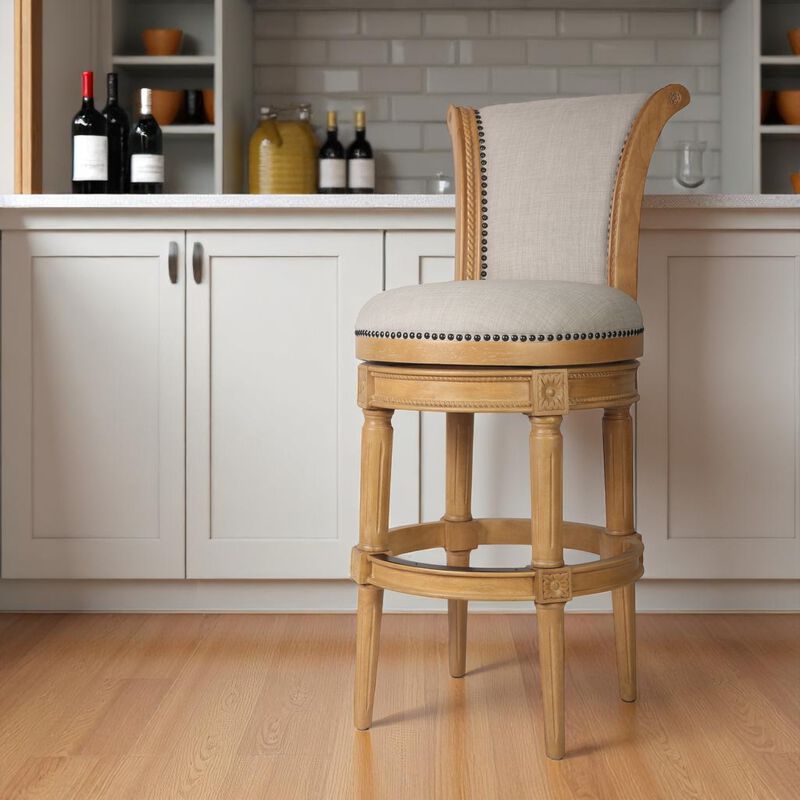 HomeRoots 30" Beige and Natural Fabric and Solid Wood Bar Height Swivel Bar Chair image number 1