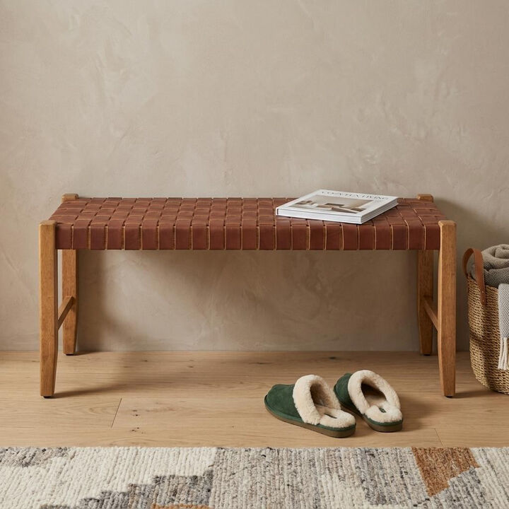 HomeRoots 48" Brown and Natural Genuine Leather and Solid Wood Bench