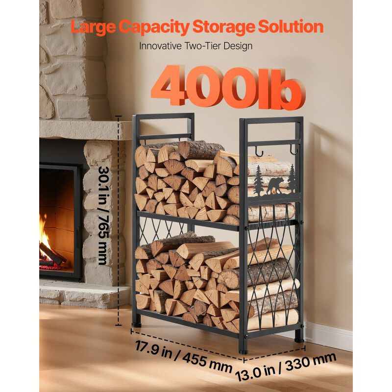 2-Tier Firewood Holder with Fireplace Tools, Heavy Duty Wood Storage Rack for Indoor Use-Black image number 2