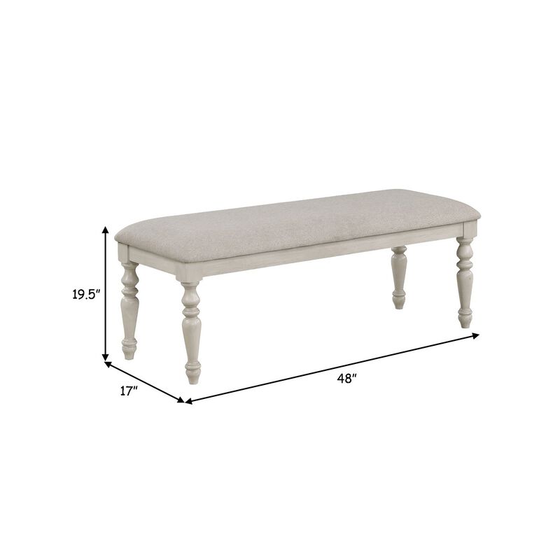 Katherine 48 Inch Bench with Fabric Seat and Turned Legs, White-Benzara