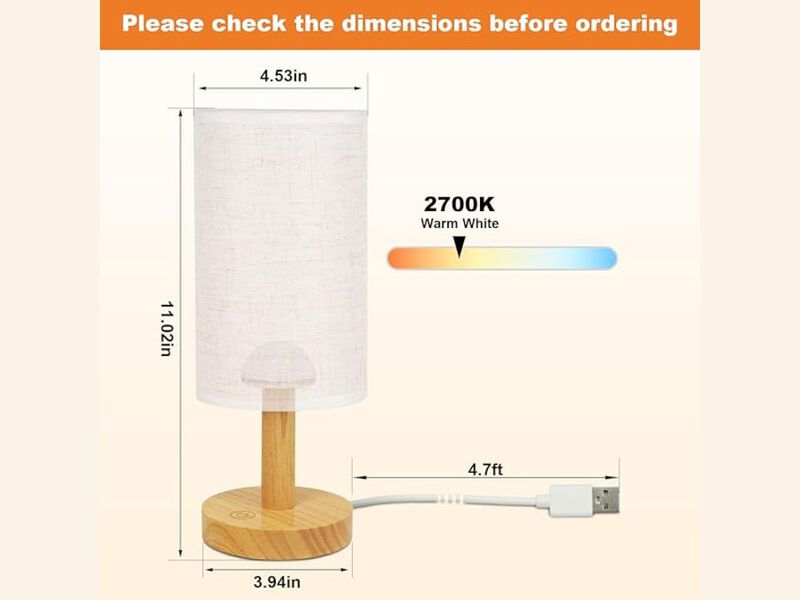 Cordless Touch Table Lamp for Bedroom Nightstand with 3 Dimming Levels image number 2