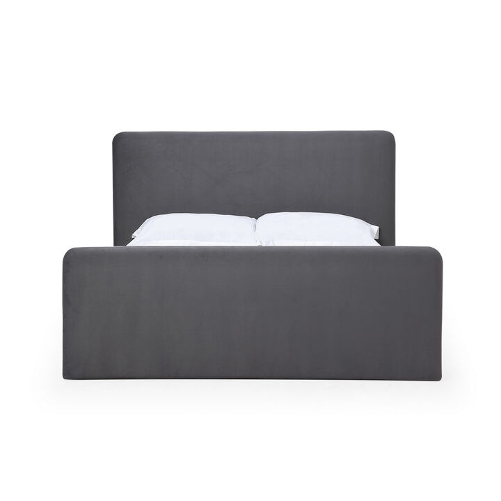 Cave California King Size Platform Bed, Velvet Upholstered, Charcoal Gray - Benzara