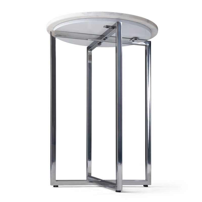 Marsden Modern 18 inch Wide Metal Accent Side Table with Polished Stainless Steel Base in White, Silver