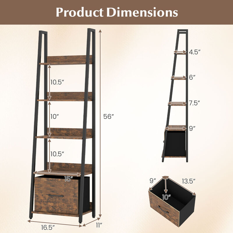 Modern 5-Tier Ladder Bookshelf with Fabric Storage Drawer image number 2