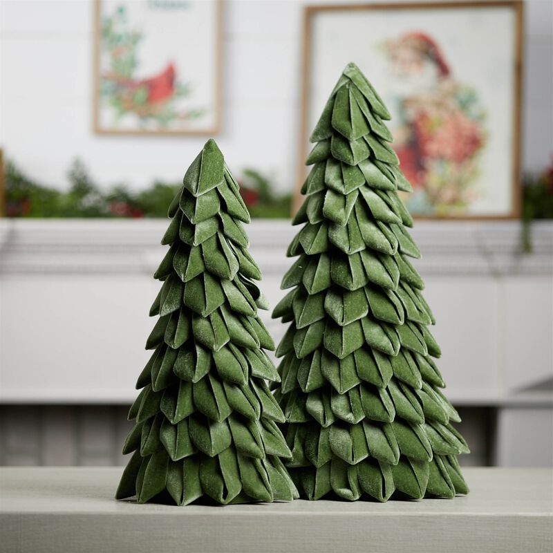 Set of 2 Fabric Pine Trees – Rustic Textile Christmas Tree Decorations for Winter Shelf or Table Display
