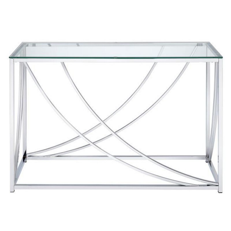 Glass Top Rectangular Sofa Table with Swooping  Curves, Clear and Silver-Benzara