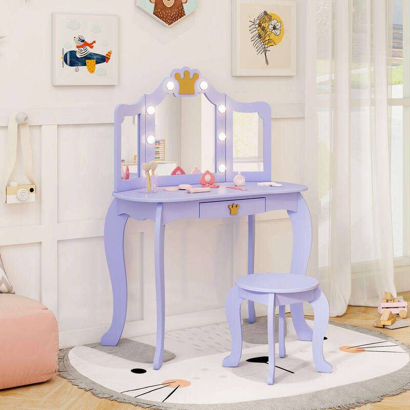 Kids Vanity Set with Tri-fold Lighted Mirror Detachable Top and Stool