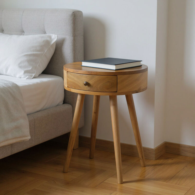 HomeRoots 22" Natural Solid Wood Round One Drawer Nightstand image number 1