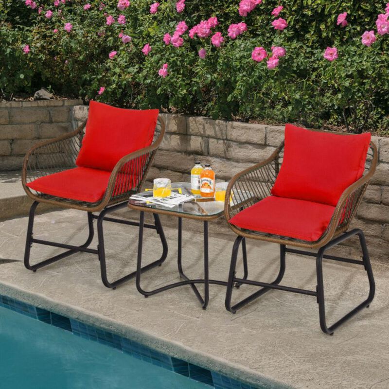 Hivvago 3 Pieces Patio Rattan Bistro Set with Cushions and Glass Table