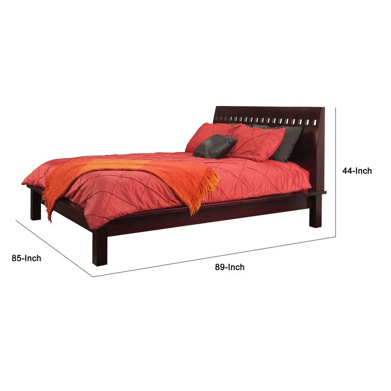 Mox King Platform Bed, Espresso Brown Wood, Cut Out Headboard, Block Legs - Benzara