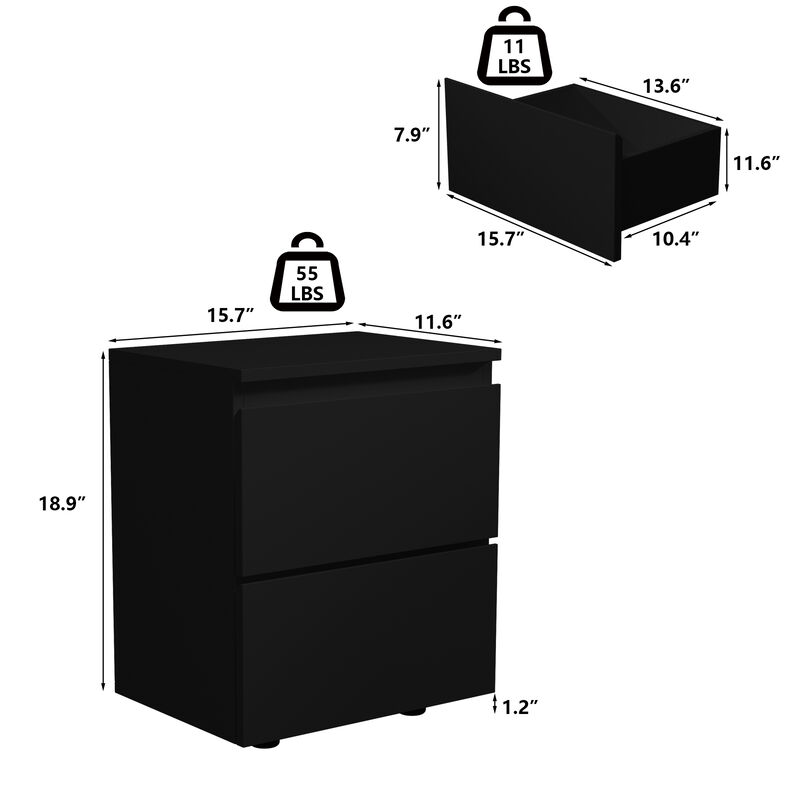 FUFU&GAGA Modern Black Nightstand with 2 Drawers and Storage Compartments, Sleek Design (15.7" W x 11.6" D x 18.9" H), Black