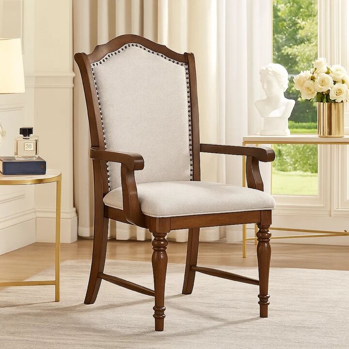 Feva Dining Armchair Set of 2, Scallop Back, Gray Polyester, Cherry Brown