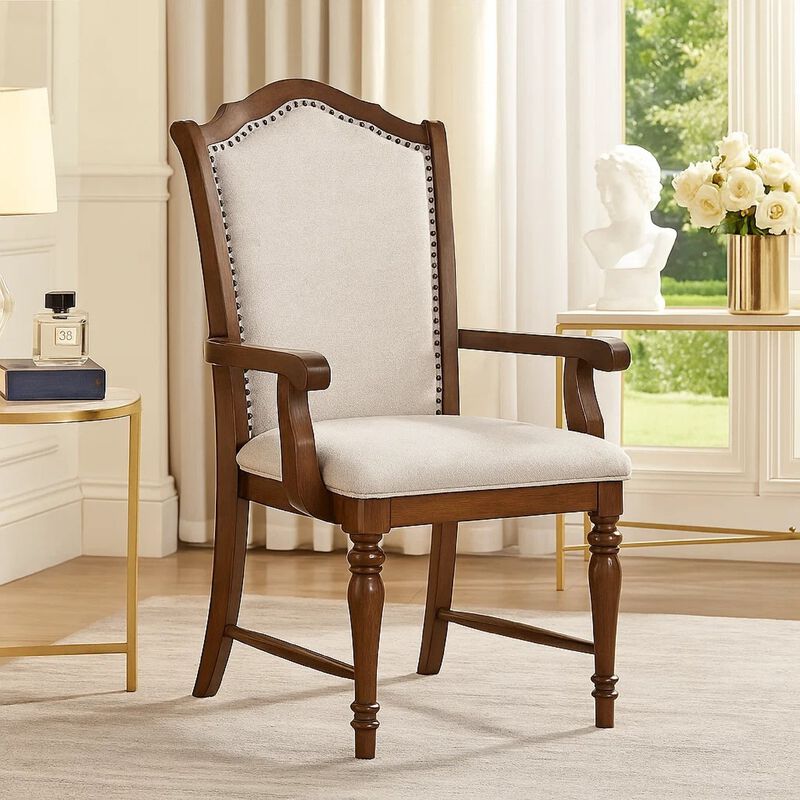 Feva Dining Armchair Set of 2, Scallop Back, Gray Polyester, Cherry Brown image number 1
