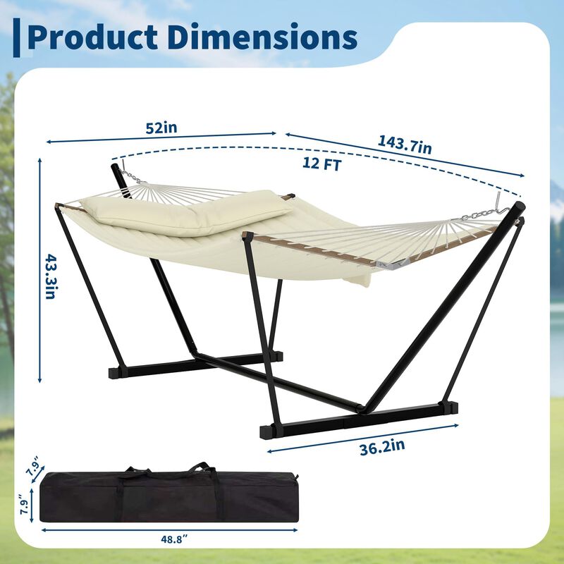 12FT Double Hammock with Heavy-Duty Stand &ndash; 2 Person, 450 lbs, Weather-Resistant Fabric, Hardwood Bar & Carry Bag image number 4