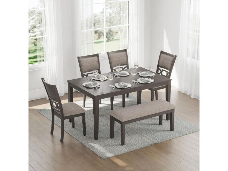 Dining Set &ndash; 6‑Piece Gray Wood Table with Bench & Diamond‑Pattern Upholstered Chairs image number 2