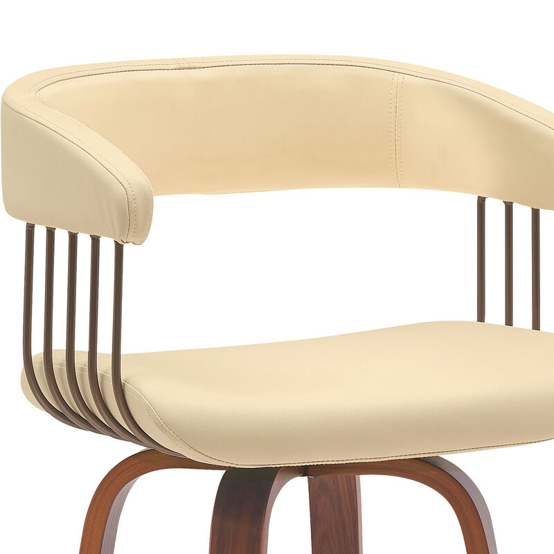 Topanga 26" Swivel Walnut Wood Counter Stool in Cream Faux Leather with Golden Bronze Metal