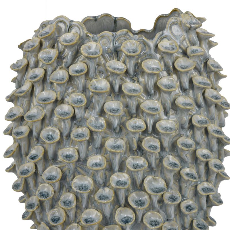 Nina Decorative Bowl, Light Blue, Textured Coral Gray Ceramic, 13 Inch - Benzara