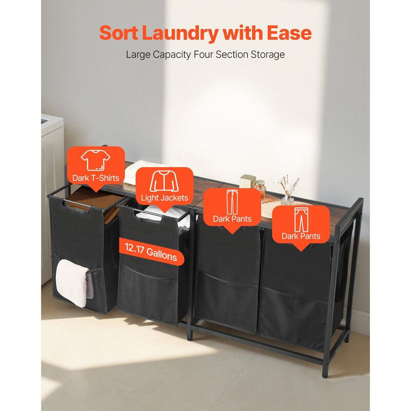 4 Section Laundry Sorter, Hamper with Wooden Top, Pull-Out Bags image number 6