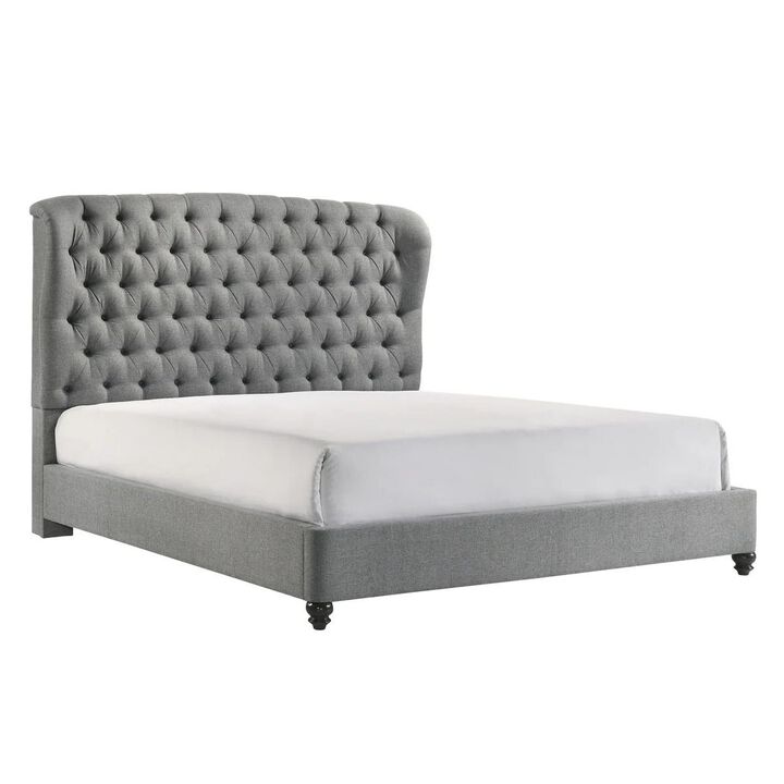 Benjara Kevin Queen Size Bed, Button Tufted, Gray Fabric Upholstery, Low Profile