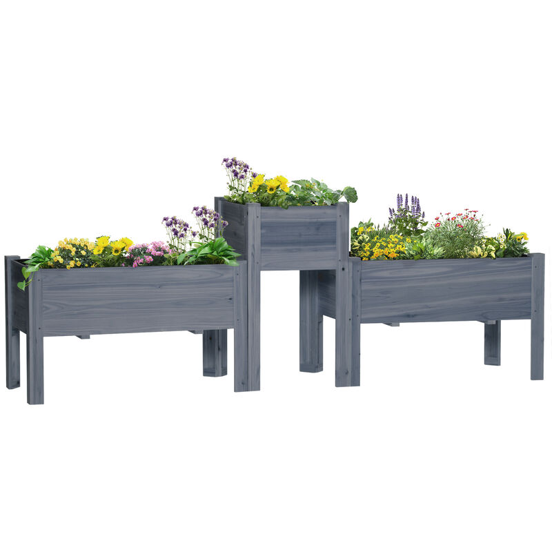 Outsunny Raised Garden Bed Set of 3, Wooden Elevated Planter Box with Legs and Bed Liner, for Backyard and Patio to Grow Vegetables, Herbs, and Flowers, Gray